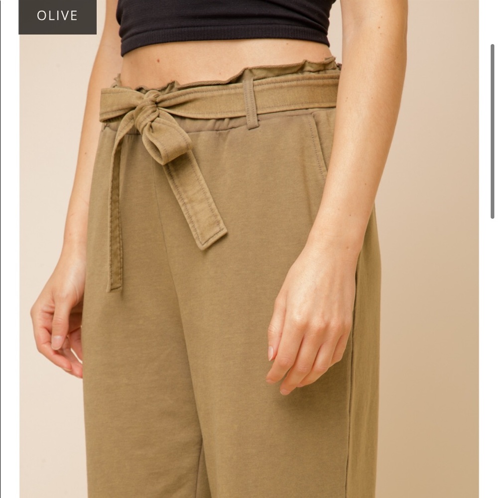 🆕Olive Green French Terry Paperbag Waist Tie High Waist Wide Leg Pants S,M & L - Picture 9 of 16